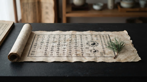 An open Taoist manuscript on a scholar's table