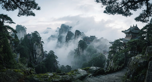 Misty Taoist mountains and temples in China