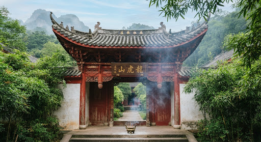A traditional Taoist temple gate surrounded by mountains
